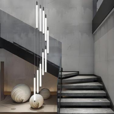 Imagem de Lustre moderno de escada grande com altura ajustável LED, luminária pendente de ferro preto, iluminação criativa de teto alto chique, adequada para hotel, villa, bar, lobby, lâmpada suspensa