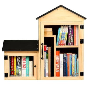 Imagem de Pequena caixa de biblioteca ao ar livre, design de biblioteca dupla com prateleira ajustável e compartimentos grandes e pequenos, madeira maciça com revestimento à prova d'água e acabamento de metal