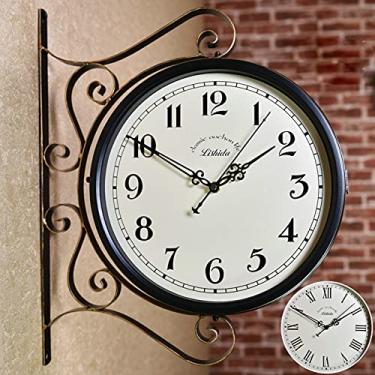 Imagem de EHVYBDX Relógio de parede de jardim ao ar livre, relógio retrô de ferro forjado, estação dupla face, relógio de jardim, rotação, impermeável, relógio externo, decorativo, relógio externo