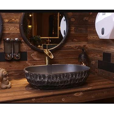 Imagem de CUTPOIY Vaso de arte retrô com padrão de pedra ?pia de banheiro, pia de banheiro de cerâmica oval estilo chinês antigo criativo, pia de vaso não inclui torneira e banheiro