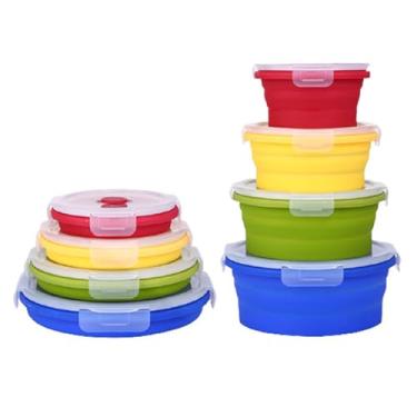 Imagem de RoseFlower 4 conjuntos de tigelas dobráveis, tigelas dobráveis de silicone redondas portáteis para acampamento, pratos de acampamento com tampas para máquina de lavar louça, freezer, recipientes