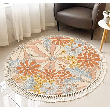 Imagem de Tapete de franja redondo retrô anos 70 anos 60 floral hippie verão floral floral infantil sem costura boho tapete de área borla linho tecido à mão pátio corredor tapete decoração de casa sala de estar