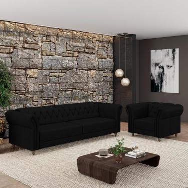 Imagem de Conjunto Sala de Estar 1 Sofá Living 180cm e 1 Poltrona Stanford Chesterfield Pés Madeira Couro Preto G58 - Gran Belo