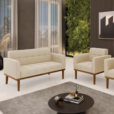 Imagem de Conjunto Poltrona e Namoradeira Decorativas Karen Pés Fixo em Madeira Castanho Suede Bege G19 - Gran Belo