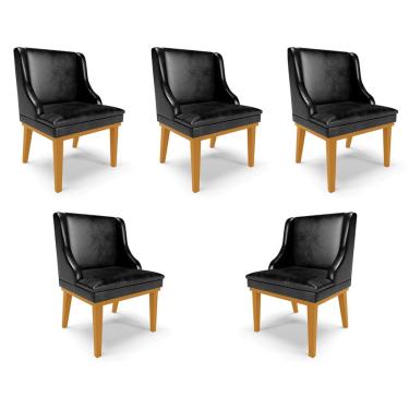 Imagem de Kit 5 Cadeiras Decorativas Sala de Jantar Base Fixa de Madeira Firenze PU Preto Brilho/Castanho G19 - Gran Belo