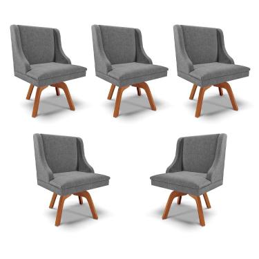 Imagem de Kit 5 Cadeiras Decorativas Sala de Jantar Base Giratória de Madeira Firenze Linho Grafite/Natural G19 - Gran Belo