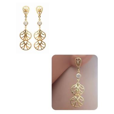 Imagem de Brinco Pedra Cristal com 2 Leques Folheado Ouro 18k Antialérgico - MIX