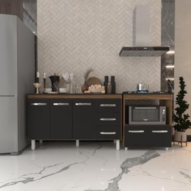 Imagem de Mobília Decor, Gabinete Armário Carine 138 cm com Tampo Tampão e Balcão Evelyn Para cooktop 5 Bocas Savana e Preto