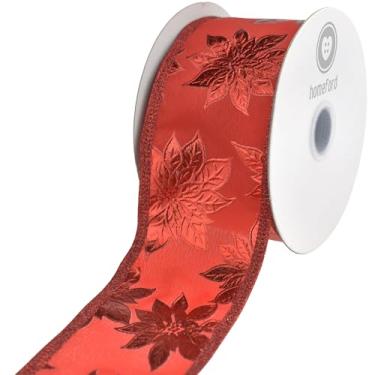 Imagem de Homeford Fita de Natal com fio de poinsétias metálicas em relevo, vermelha, 6 cm, 10 jardas