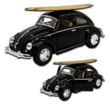 Imagem de Miniatura fusca 1967 carrinho de coleção em metal, 12 CM, 1/32, abertura de portas laterais, rodinhas em borracha e com fricção, Miniatura de carros antigos (Preto com prancha)