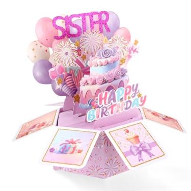 Imagem de Cartão Aniversário Pop-up para Irmã, Cartões Feliz Aniversário 3D Coloridos com Envelope para Mulheres Decoração de Festa Presentes Criativos