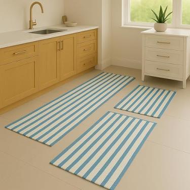Imagem de Kit 3 Peças Tapete de Cozinha Antiderrapante - Conforto e Estilo para Lavabo e Área de Serviço - Coisas de Casa(Listra Azul)