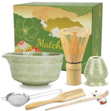 Imagem de HengLiSam Conjunto de 7 Peças de Batedor Matcha, Tigela de Cerâmica, Batedor de Bambu, Peneira, Colher e Suporte, Kit Matcha Verde