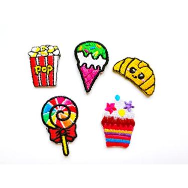 Imagem de PL Conjunto de 5 peças. Mini pirulito doce pipoca cupcakes croissants cones de sorvete fofos 1 doce desenho animado costurar ferro em aplique bordado crachá sinal remendos roupas fantasia