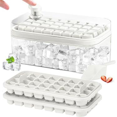 Imagem de Bandeja de cubos de gelo com tampa e lixeira, 64 moldes de cubos de gelo para freezer, com 2 bandejas, formas de cubos de gelo para freezer, capa resistente a derramamentos, tampa removível e colher,