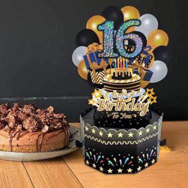 Imagem de Torre de bolo preto 3D Pop Up Happy Birthday 16 Idades Caixa balão surpresa com envelope para meninos