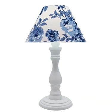 Imagem de Abajur de Mesa com Base de Madeira | Iluminação Suave para Cabeceira de Cama e Criado-Mudo – Decoração Moderna para Quarto e Escritório (Base Branca C Floral azul)