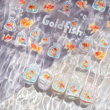 Imagem de Adesivos de unhas gelatinosas de gel macio com bolhas de peixe desenho animado oceano dourado peixes adesivos de arte de unhas de verão fofos bolhas de água um saco de adesivos de peixe dourado