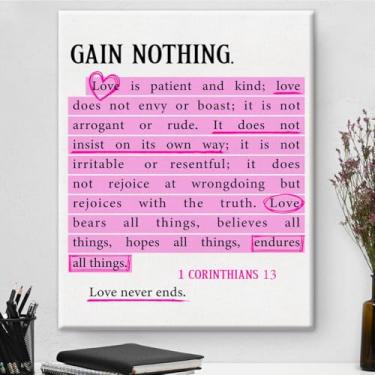 Imagem de Arte de parede em tela com versículo bíblico cristão 1 Corinthians 13 Love Never Ends Scripture Poster Print Picture Religious Love Artwork emoldurado para decoração de parede de casa 20 x 25 cm