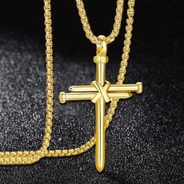 Imagem de Colar masculino de cruz de aço inoxidável - corrente de 61 cm com pingente de design de unhas (preto/ouro/prata), one size, Aço inoxidável, Sem Pedra Preciosa