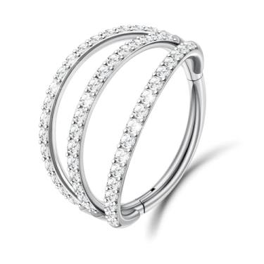 Imagem de Beautidots 1 peça 18G argola de nariz G23 titânio prata triplo CZ helix torre concha cartilagem daith tragus brincos segmento articulado piercing narina septo clicker lábio anel 12 mm