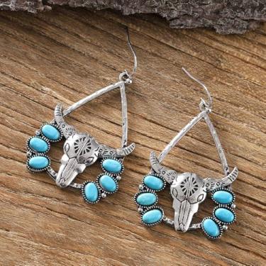Imagem de Brinco vintage estilo étnico ocidental antigo prateado cabeça de touro oval turquesa oco gota brinco retrô boêmio brincos femininos presentes para ela