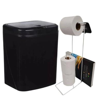 Imagem de Lixeira Automática Preta 16 Litros USB KALA com Suporte para Papel Higiênico 3 Rolos Br...