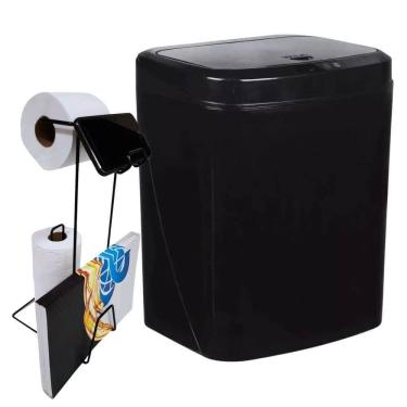 Imagem de Lixeira Automática Preta 16 Litros USB KALA com Suporte para Papel Higiênico 3 Rolos Pr...