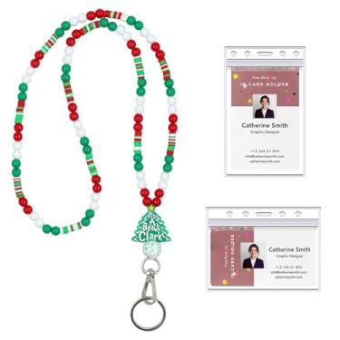 Imagem de Cordão de professor de Natal para crachás de identificação, cordão de contas de silicone para mulheres, cordão verde com contas de árvore de Natal para chaves