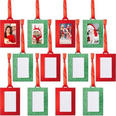 Imagem de Fullhawl 50 porta-retratos para pendurar árvore de Natal pequena, enfeites de 5 x 7 cm, moldura de papel com glitter com fita para decoração de mesa de parede de família (vermelho, verde)