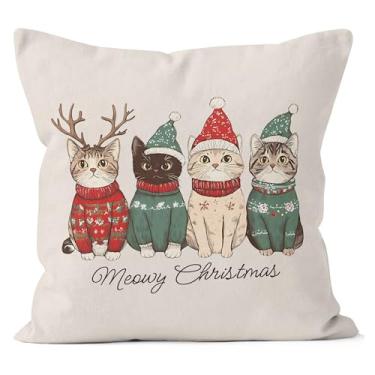 Imagem de WNAGT Merry Christmas Capas de travesseiro para gatos 45,7 x 45,7 cm, presentes para donos de mãe, pai, férias, Natal, inverno, aconchegante, gatinho, decorativo, para sofá, quarto, sala de estar