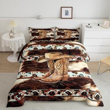 Imagem de Feelyou Conjunto de edredom com chapéu de caubói, tamanho Queen, estampa de vaca, retrô, boêmio, rústico, casa de fazenda, exótica, geométrico, decoração de quarto, tribal asteca ocidental, 3 peças