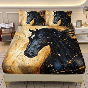 Imagem de AILONEN Jogo de lençol solteiro de cavalo preto dourado, tamanho GG, cavalo galopante, para meninos e adultos, 3 peças, lençol com elástico com tema de animais de fazenda com 2 fronhas