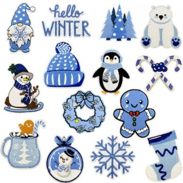 Imagem de 14 peças de adesivos de Natal fofos de boneco de neve azul pinguim anão bordado aplique de costura de floco de neve de inverno para homem de gengibre para artesanato, roupas, decoração e presentes de