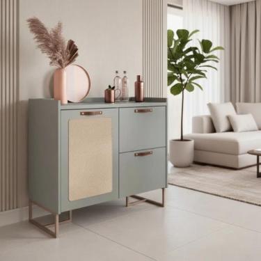 Imagem de Buffet 90cm Tampo 25mm Puxador Couro Pés Aço Tela Natural - Merk Movei