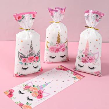 Imagem de Sacos de guloseimas de celofane, 25 peças de sacos de celofane, inclui laços dourados com quatro designs diferentes de unicórnio, saco de plástico pequeno para doces de violoncelo para lembrancinhas