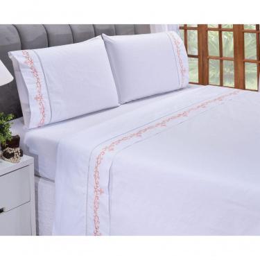 Imagem de Jogo Lençol Imperial Quarto Casal Queen Bordado 4 Peças 2fronha Cor: Branco Com Salmão