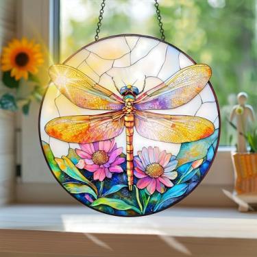 Imagem de Acrílico colorido Suncatcher, apanhador de sol estilo vitral impresso libélula com reflexos de arco-íris, decoração de janela suspensa, decoração de parede, ornamentos de Natal para uso interno e