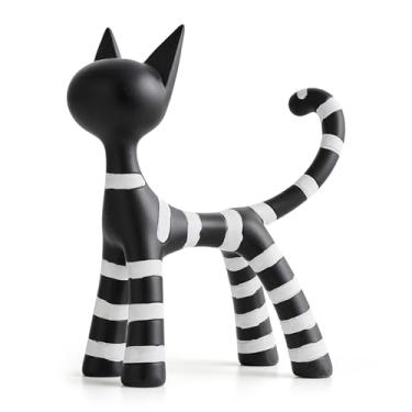 Imagem de Octdays Modern Black Cat Sculpture – Abstract Resin Cat Figurine with Golden Lines, Minimalist Animal Art Statue for Home, Bookshelf, Office or Living Room Decor (Black and White Lines)