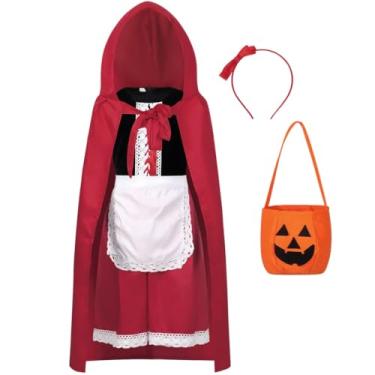 Imagem de Fantasia de Halloween Chapeuzinho Vermelho, conjunto de fantasia para meninas de 10 a 12 anos, inclui capa, vestido, avental, faixa de cabeça, bolsa de abóbora