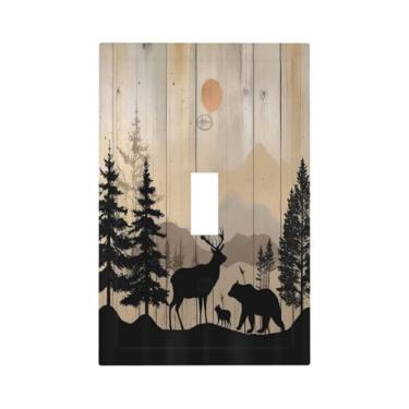 Imagem de Naiqadnehz Capa decorativa para interruptor de luz, placa de madeira, vida selvagem, urso fofo, cervo, floresta, rústica, 1 grupo, dispositivo de alternância, placa frontal elétrica, placa decorativa