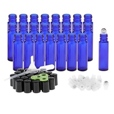 Imagem de barenx Frascos de óleo essencial de 10 ml (pacote com 24 unidades, com abridor, funis conta-gotas) Bolas de rolo para óleos essenciais, frascos roláveis - azul