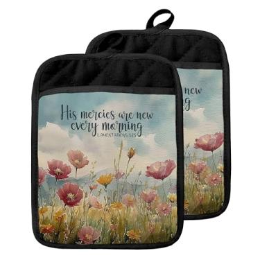 Imagem de GOOZHO His Mercies are New Every Morning Porta-panelas cristãs com bolsos, versículo da Bíblia floral, suportes religiosos, luvas de forno resistentes ao calor, almofadas quentes para cozinha, assar e