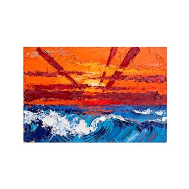 Imagem de Pintura abstrata texturizada sol ondas mar praia Impressão em tela paisagem azul laranja decoração moderna 80x120cm31x47in sem moldura