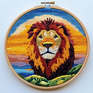 Imagem de Kits de agulhas de punção DIY leão sob o pôr do sol, fácil para iniciantes, conjunto de bordado com padrão estampado de argola para amantes de artesanato e decoração de casa-2