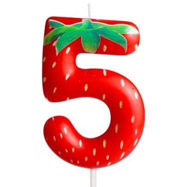 Imagem de Vela de aniversário número 5 de morango, decoração moderna de bolo de aniversário com tema de frutas, decoração de 5ª vela de morango vermelha, para meninas, presentes de aniversário, celebração