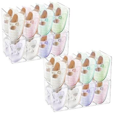 Imagem de Pacote com 4 sapateiras infantis de acrílico transparente, organizador de armazenamento de sapatos infantis com 4 seções, espaço entre as camadas, 7,6 cm, empilhável, organizador de arquivos de mesa