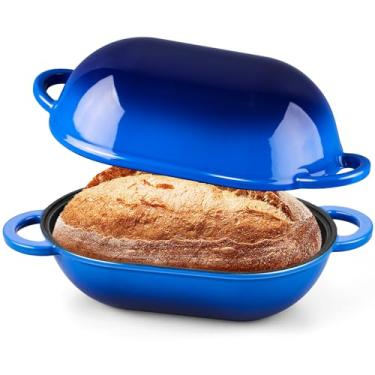 Imagem de Onader Forno holandês de ferro fundido esmaltado de 2,8 litros, panela de forno holandês com tampa para assar pão de fermento, forma oval de bolo de carne, resistente - azul