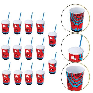 Imagem de Kit 14 Copo De Plástico 550 Ml Herói Homem Aranha Com Canudo