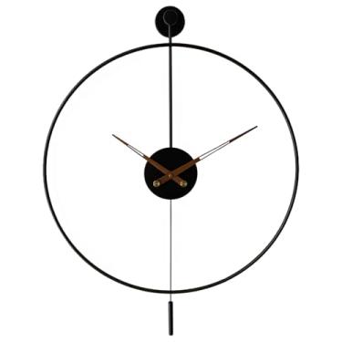 Imagem de Relógio de parede 50 cm/50 cm grande para sala de estar, moldura redonda minimalista moderna metal ferro preto, decoração grande com detalhes de pêndulo de mãos de madeira